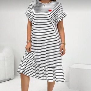 3/$10 SHEIN Black and White Striped Midi Dress with Red Heart